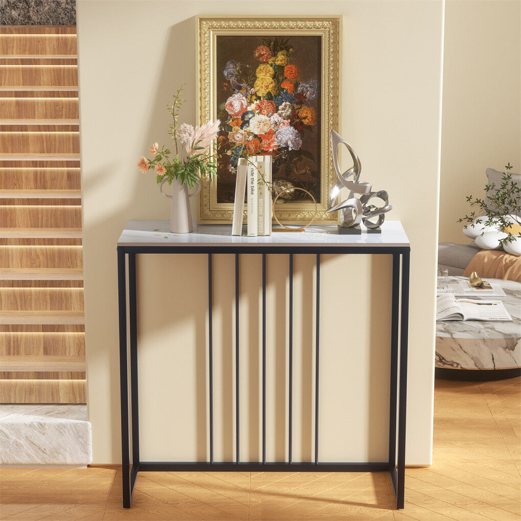 80cm White & Grey Sintered Stone Console Table Storage Table Behind Sofa W/ Black Metal Frame V767-JJ-XZ711-BLB