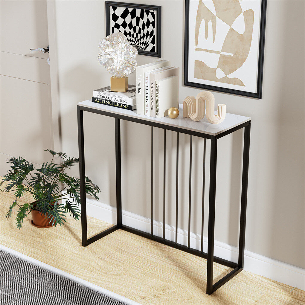 80cm White & Grey Sintered Stone Console Table Storage Table Behind Sofa W/ Black Metal Frame V767-JJ-XZ711-BLB