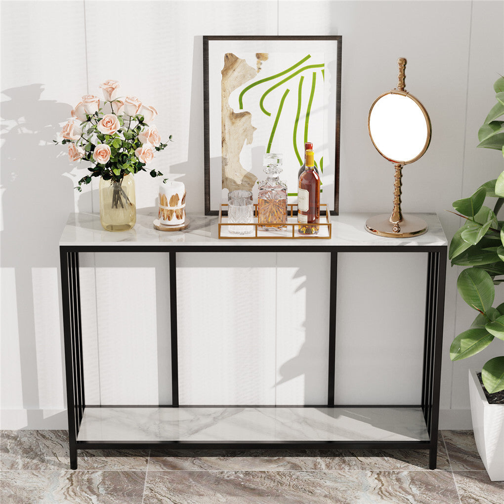 2-Tier White Marble Entryway Console Table Extra Long Foyer Couch Table V767-JJ-XZ841