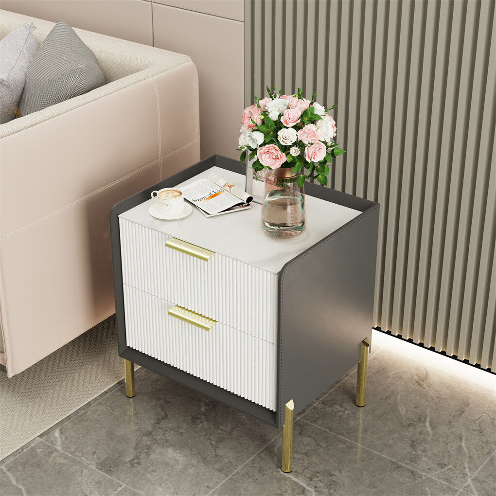 3 Tier Leather Sides Bedside Table Wooden Nighstand Marble Top Luxury Furniture V767-JJ-XZ991
