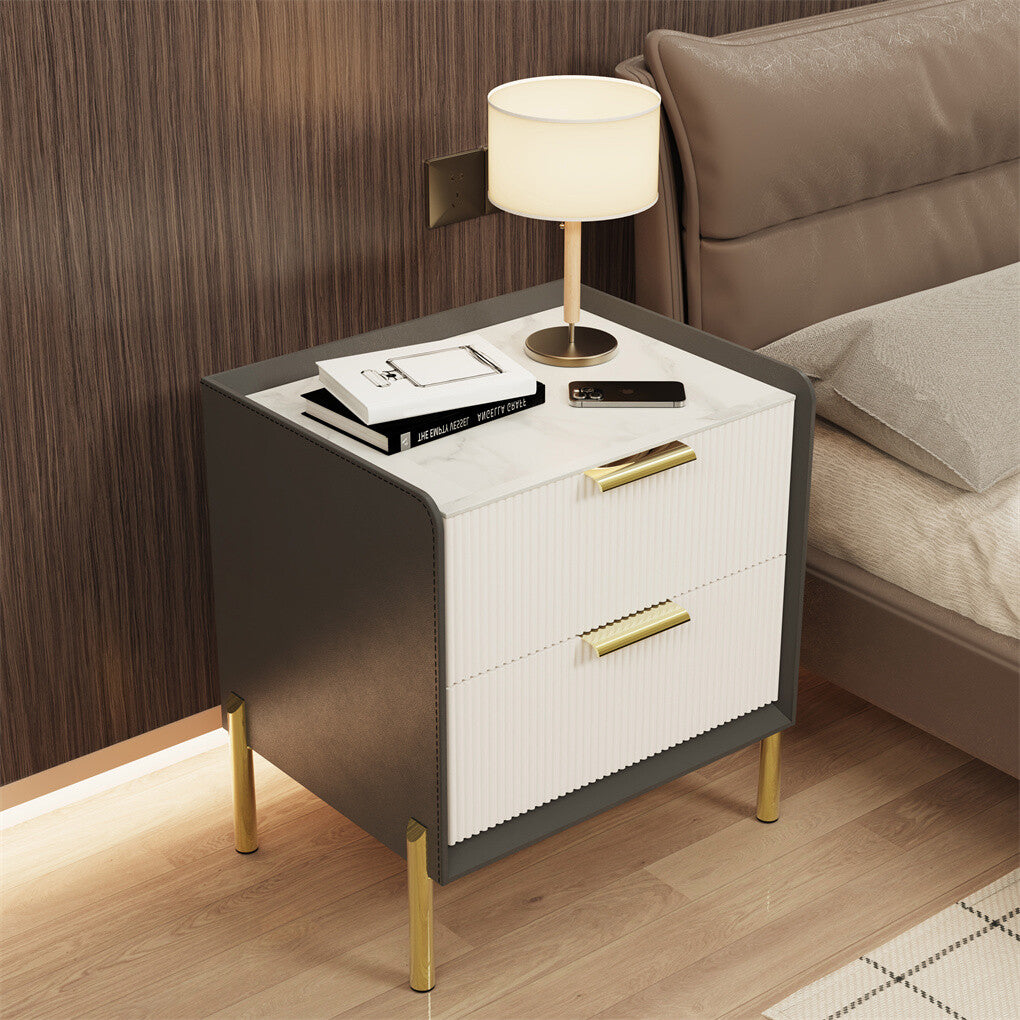 3 Tier Leather Sides Bedside Table Wooden Nighstand Marble Top Luxury Furniture V767-JJ-XZ991