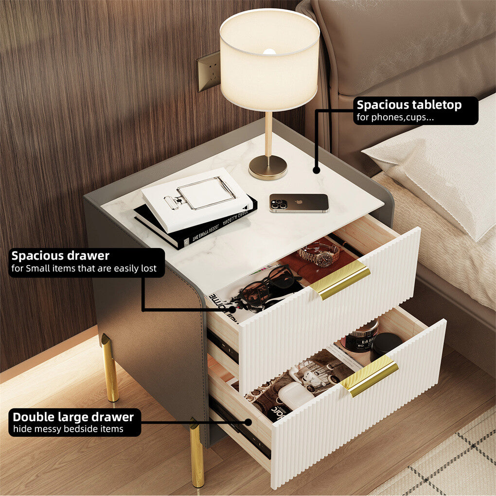 3 Tier Leather Sides Bedside Table Wooden Nighstand Marble Top Luxury Furniture V767-JJ-XZ991