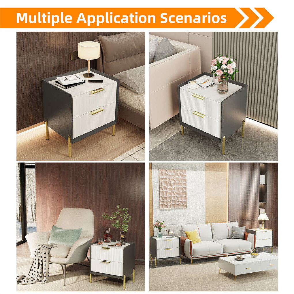 3 Tier Leather Sides Bedside Table Wooden Nighstand Marble Top Luxury Furniture V767-JJ-XZ991