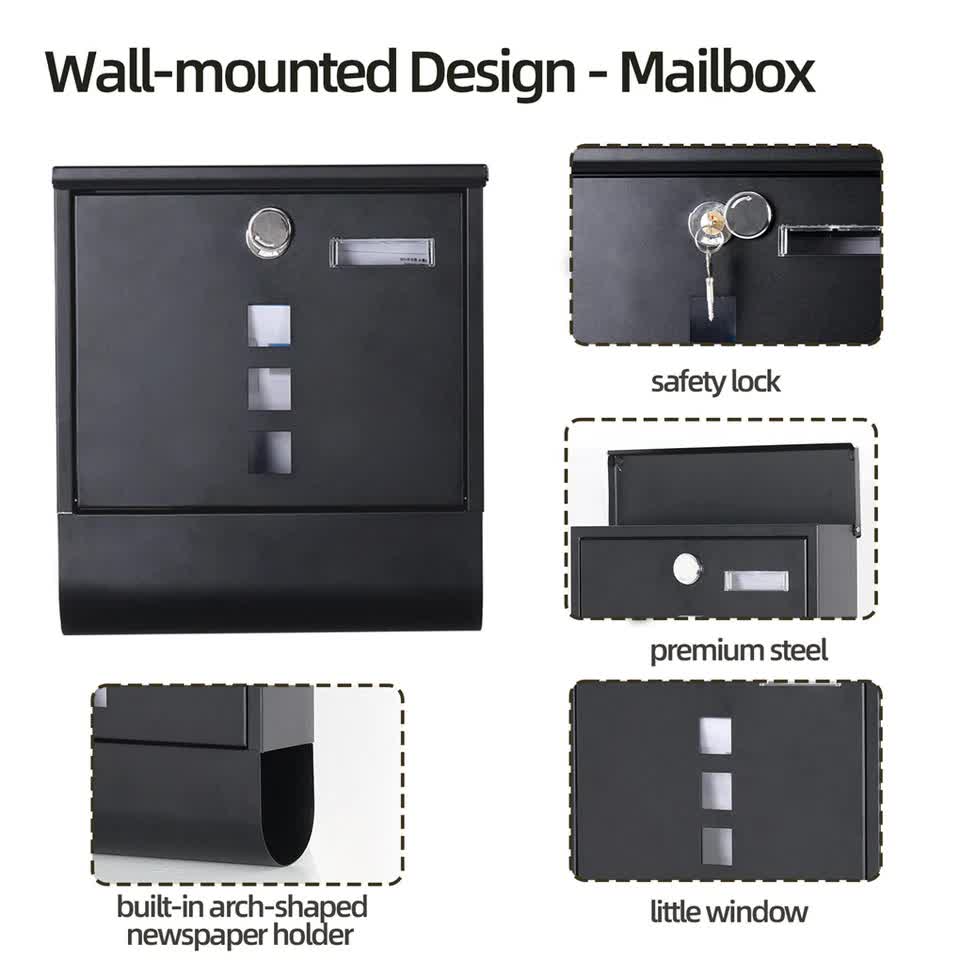 Lockable Mailbox Wall Mounted Mail Letter Post Box with Newspaper Holder Rack V767-JJ-ZR1233