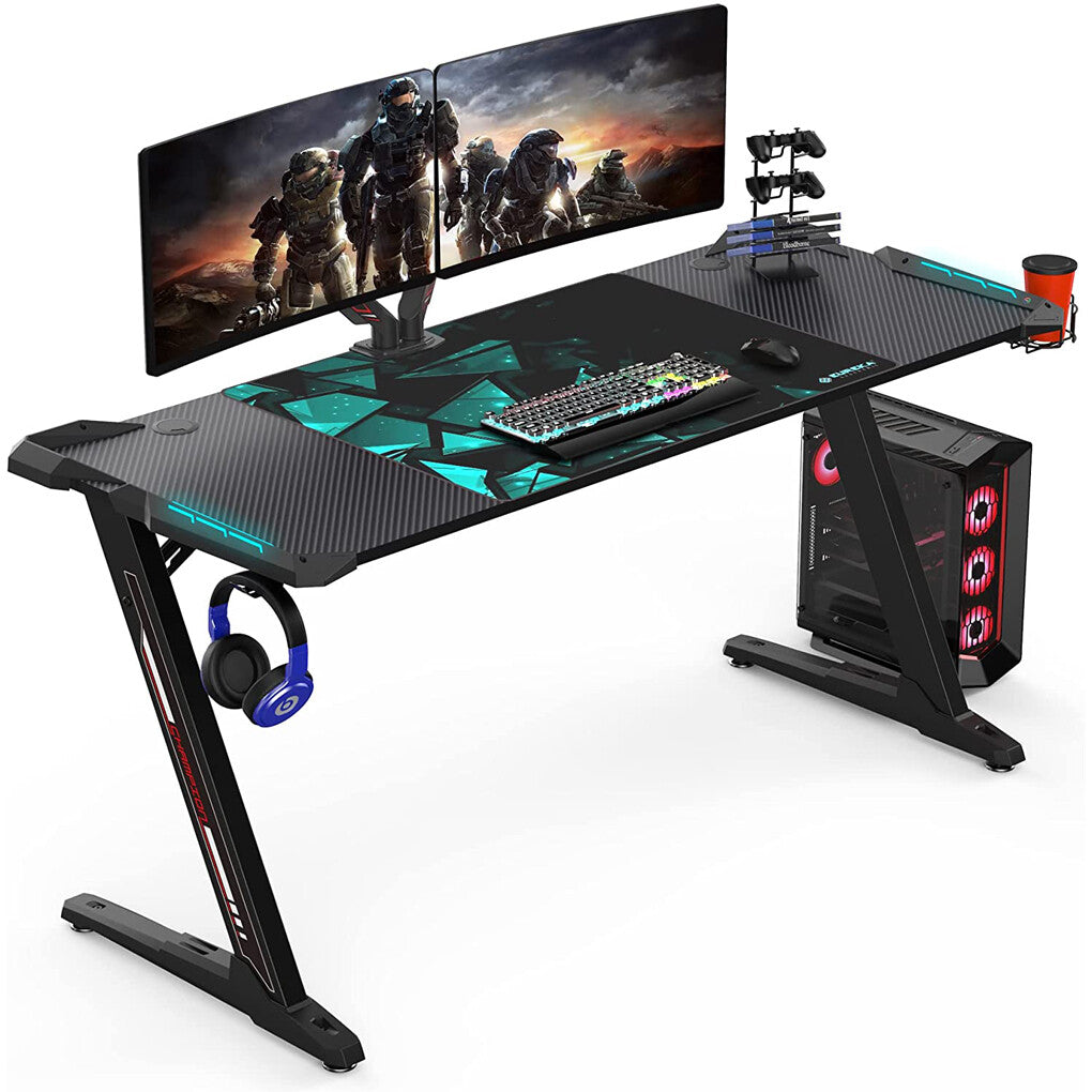 Z-Shaped Computer Gaming Desk with RGB LED Lights Home Office Table X-Large 140cm V767-JJ-ZT823