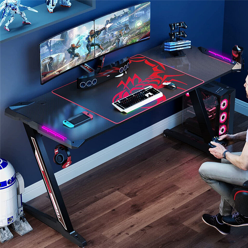 Z-Shaped Computer Gaming Desk with RGB LED Lights Home Office Table X-Large 140cm V767-JJ-ZT823