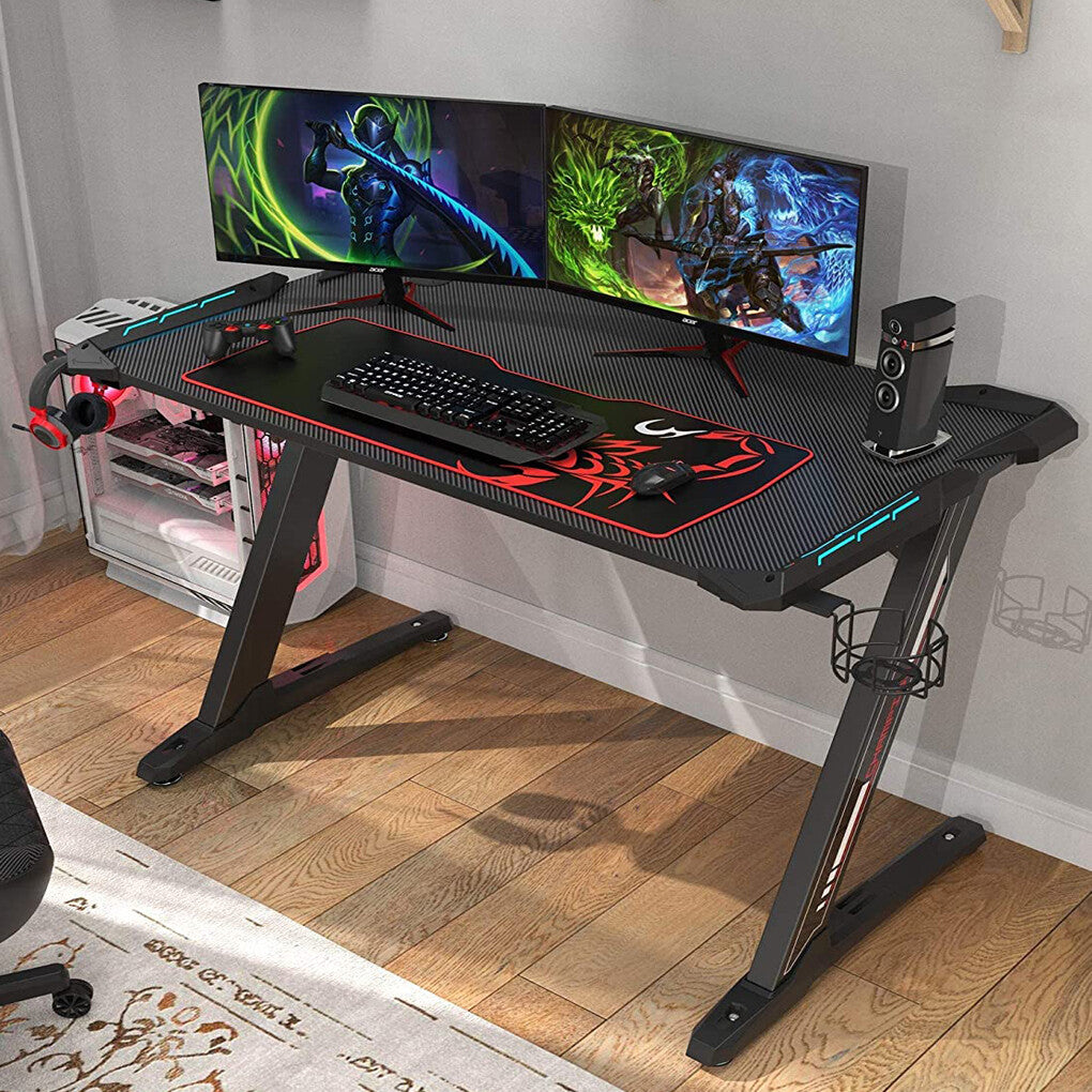 Z-Shaped Computer Gaming Desk with RGB LED Lights Home Office Table X-Large 140cm V767-JJ-ZT823