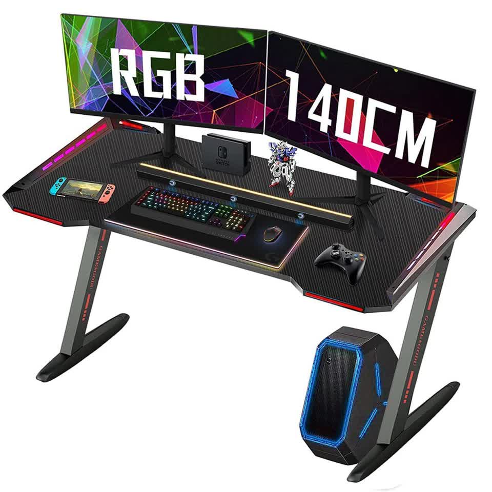 Z-Shaped Computer Gaming Desk with RGB LED Lights Home Office Table X-Large 140cm V767-JJ-ZT823