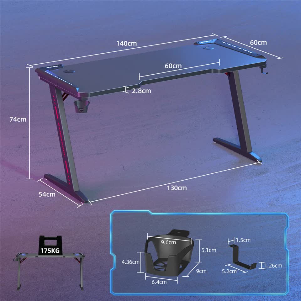 Z-Shaped Computer Gaming Desk with RGB LED Lights Home Office Table X-Large 140cm V767-JJ-ZT823