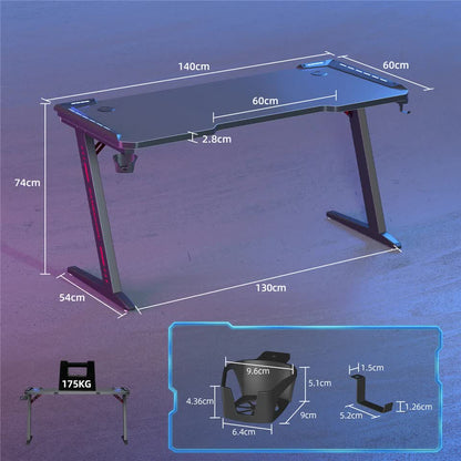 Z-Shaped Computer Gaming Desk with RGB LED Lights Home Office Table X-Large 140cm V767-JJ-ZT823