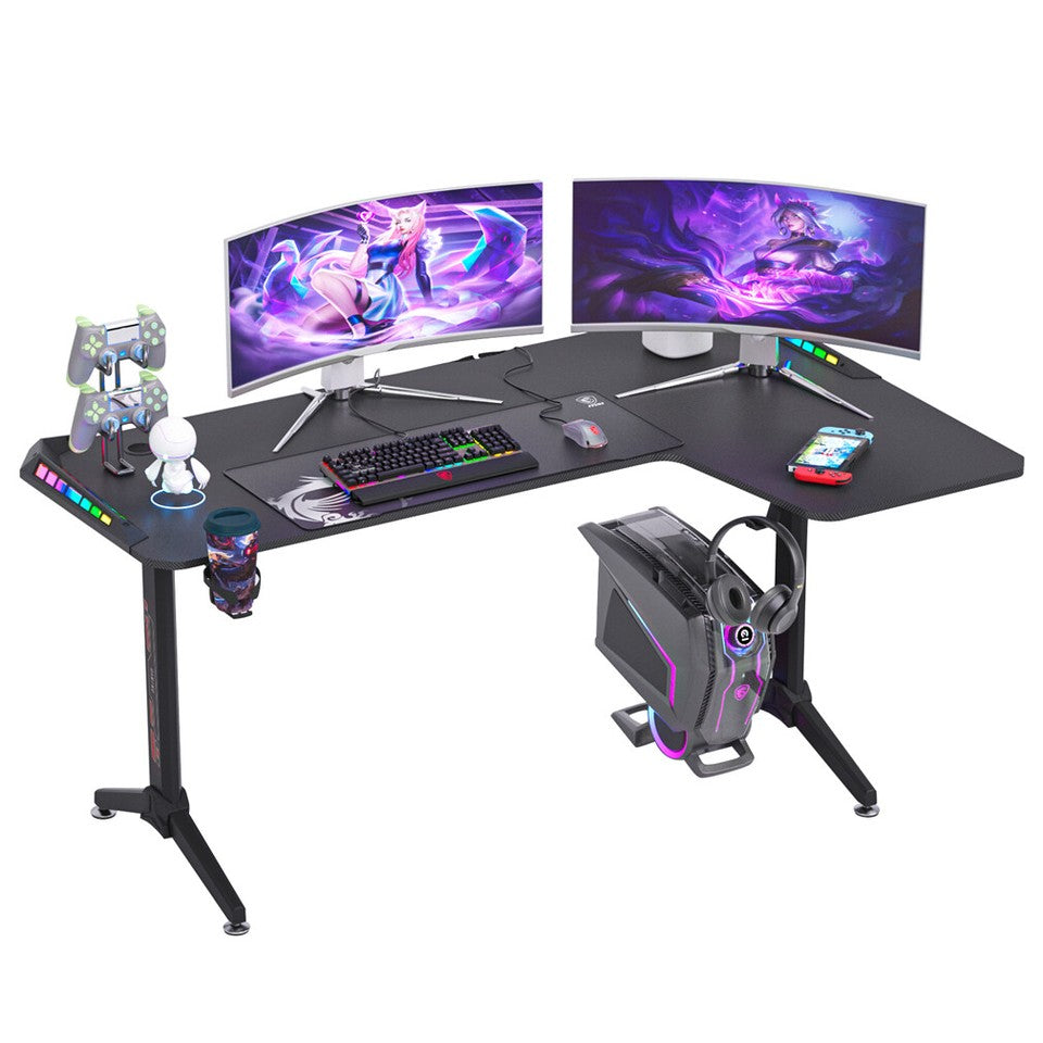 Multi-Style Pro Gaming Desk RGB LED L-Shaped PC Computer Studio Gamer Table Carbon Fibre V767-JJ-ZT878-R
