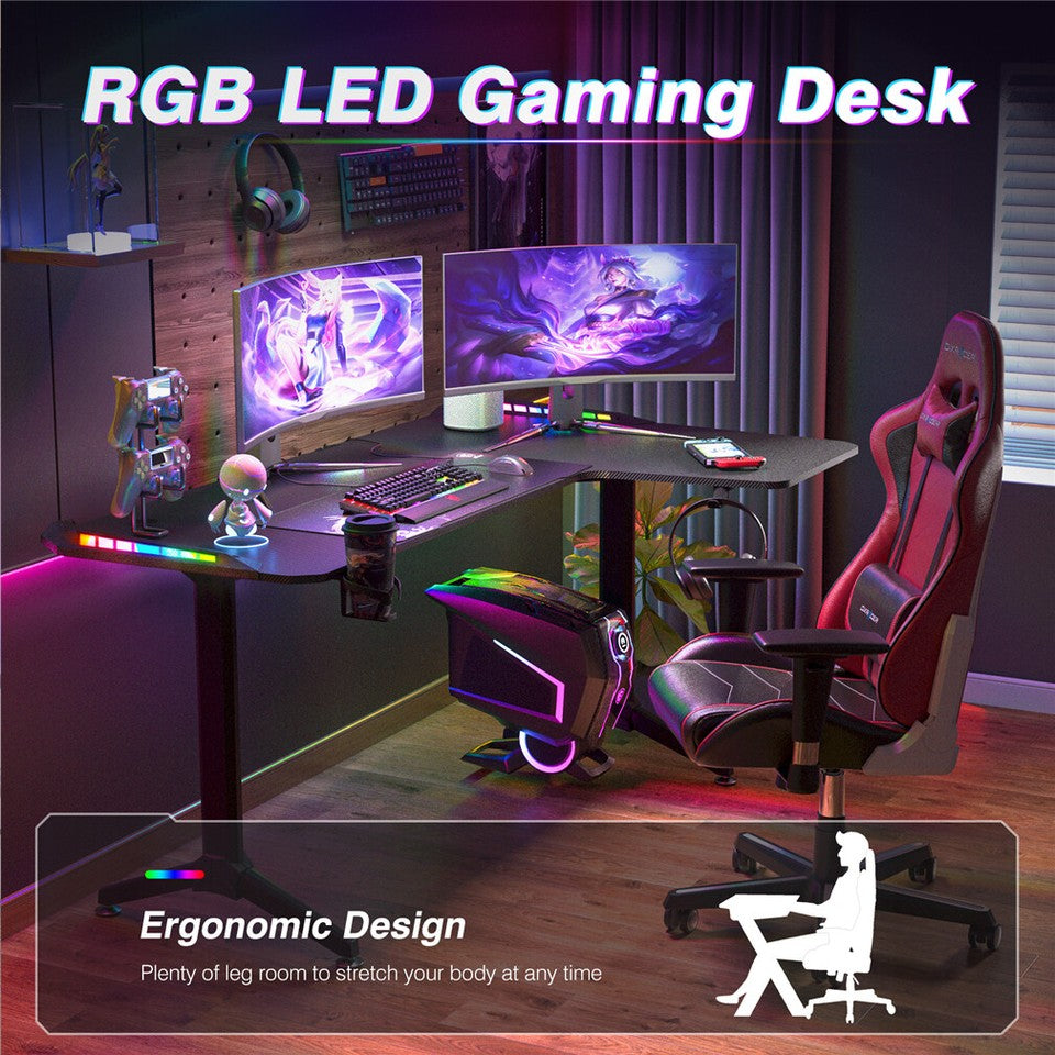 Multi-Style Pro Gaming Desk RGB LED L-Shaped PC Computer Studio Gamer Table Carbon Fibre V767-JJ-ZT878-R