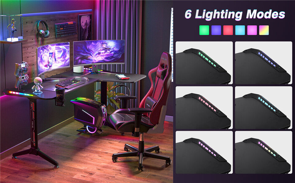 Multi-Style Pro Gaming Desk RGB LED L-Shaped PC Computer Studio Gamer Table Carbon Fibre V767-JJ-ZT878-R
