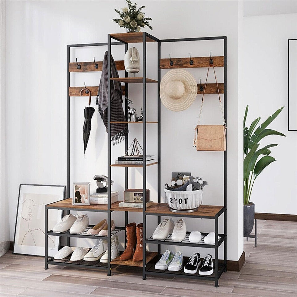 Xxl Corner Coat Stand Widen Depth Bench Shoe Rack Storage Shelves 10 Dual Hooks V767-JJ-ZY1368