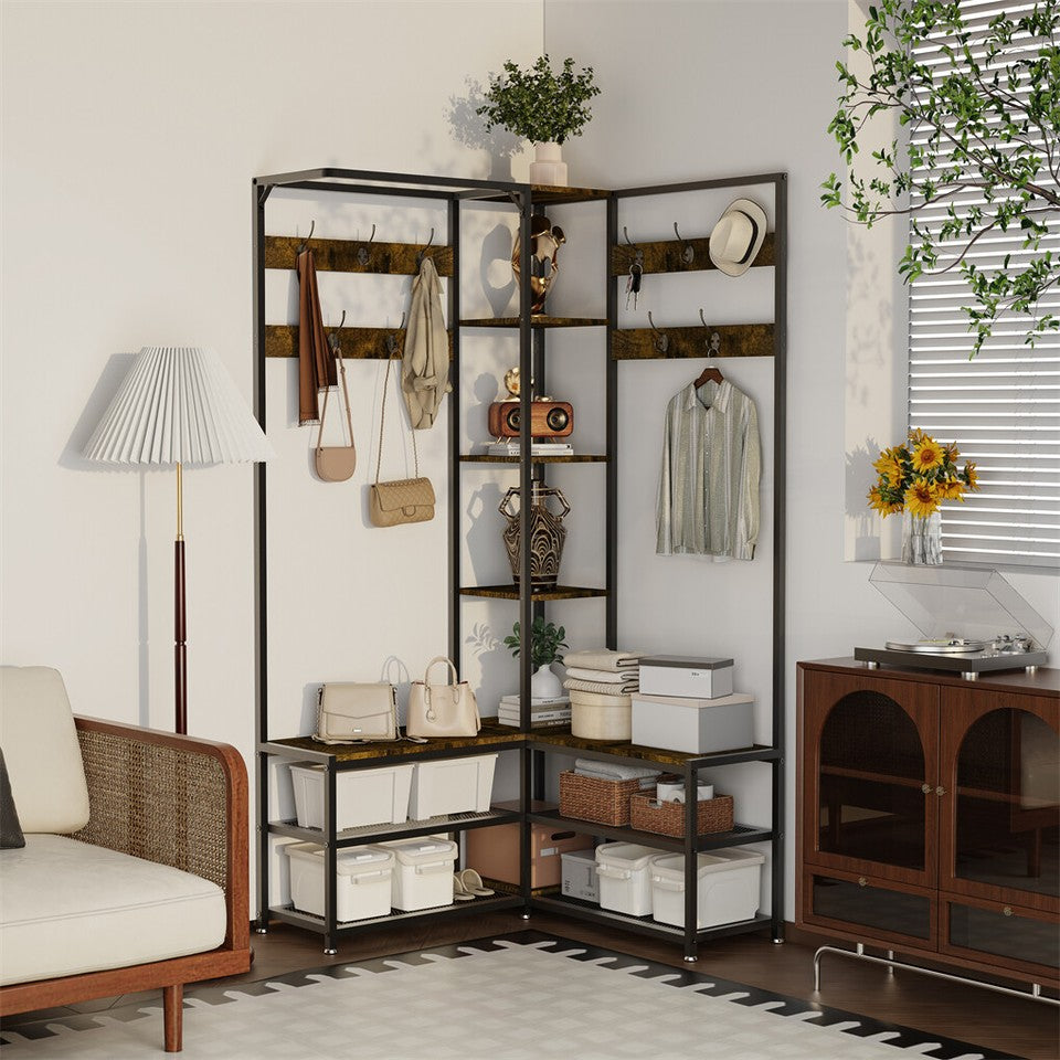 Xxl Corner Coat Stand Widen Depth Bench Shoe Rack Storage Shelves 10 Dual Hooks V767-JJ-ZY1368
