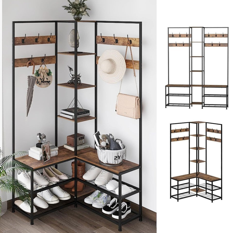 Xxl Corner Coat Stand Widen Depth Bench Shoe Rack Storage Shelves 10 Dual Hooks V767-JJ-ZY1368