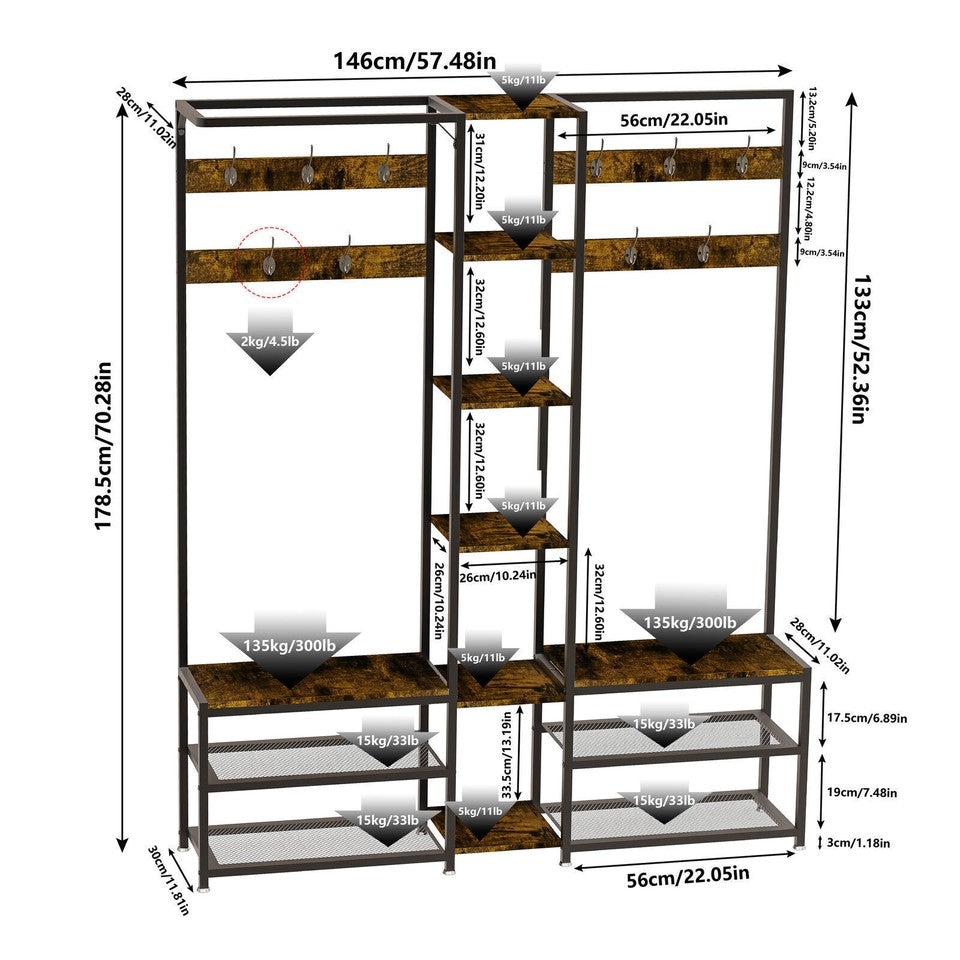 Xxl Corner Coat Stand Widen Depth Bench Shoe Rack Storage Shelves 10 Dual Hooks V767-JJ-ZY1368