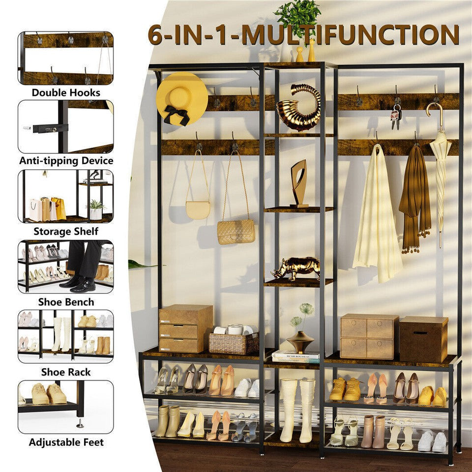 Xxl Corner Coat Stand Widen Depth Bench Shoe Rack Storage Shelves 10 Dual Hooks V767-JJ-ZY1368