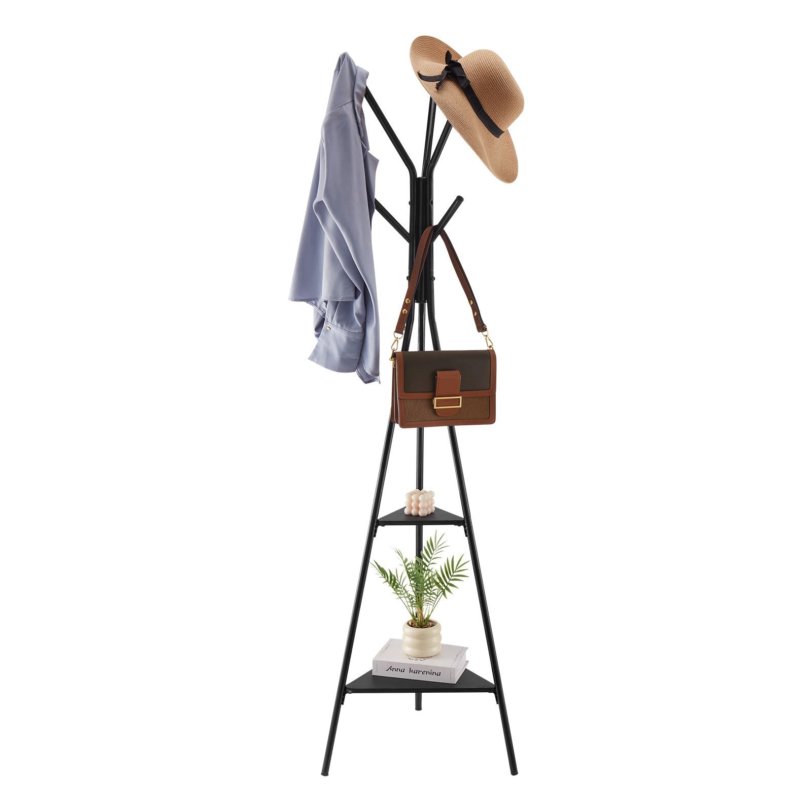 Gold Coat Rack, Freestanding Coats Rack Stand with 2 Shelves & 6 Hooks, Free Standing Hall Coat Tree V767-JJ-ZY163