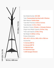 Gold Coat Rack, Freestanding Coats Rack Stand with 2 Shelves & 6 Hooks, Free Standing Hall Coat Tree V767-JJ-ZY163