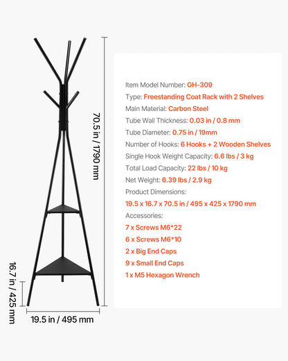 Gold Coat Rack, Freestanding Coats Rack Stand with 2 Shelves & 6 Hooks, Free Standing Hall Coat Tree V767-JJ-ZY163