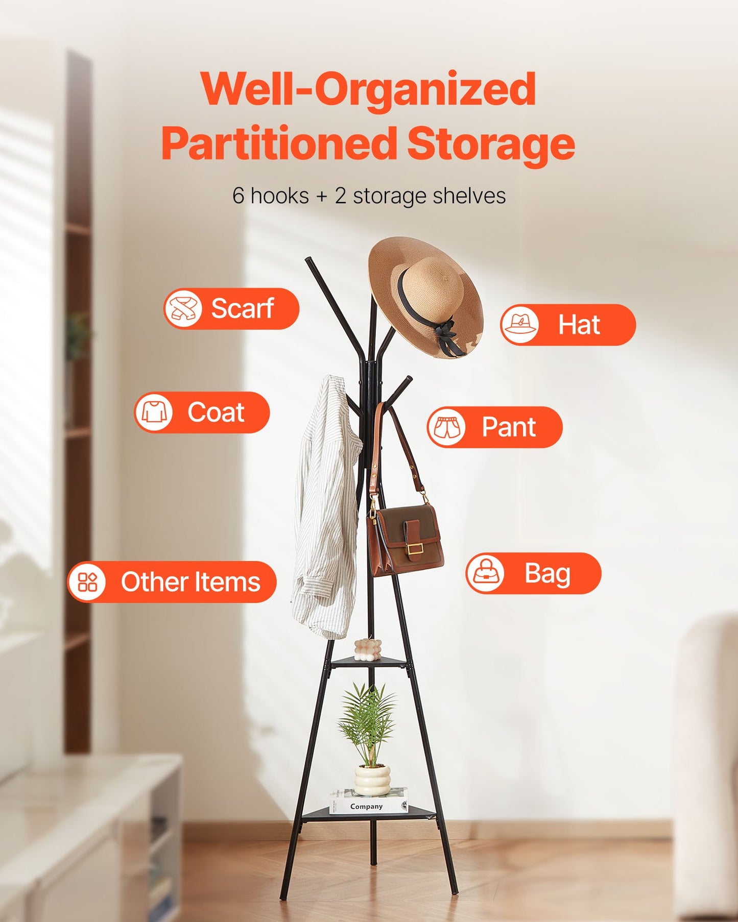 Gold Coat Rack, Freestanding Coats Rack Stand with 2 Shelves & 6 Hooks, Free Standing Hall Coat Tree V767-JJ-ZY163