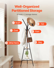Gold Coat Rack, Freestanding Coats Rack Stand with 2 Shelves & 6 Hooks, Free Standing Hall Coat Tree V767-JJ-ZY163