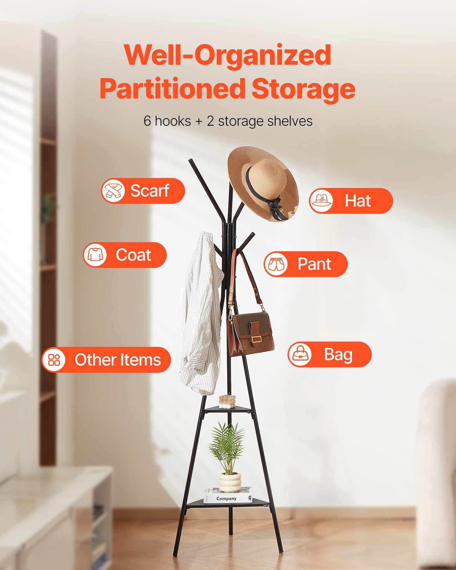 Gold Coat Rack, Freestanding Coats Rack Stand with 2 Shelves & 6 Hooks, Free Standing Hall Coat Tree V767-JJ-ZY163