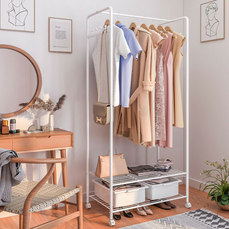 2Tier Rolling Free-Standing Clothing Garment Rack Closet Organizer Open Wardrobe V767-JJ-ZY188