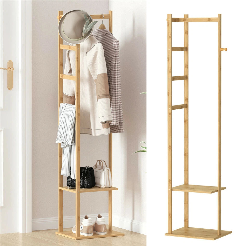 Bamboo Coat Stand Clothes Rack with Garment Shelf, Hanging Rail and Hooks V767-JJ-ZY212-G2