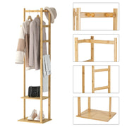 Bamboo Coat Stand Clothes Rack with Garment Shelf, Hanging Rail and Hooks V767-JJ-ZY212-G2