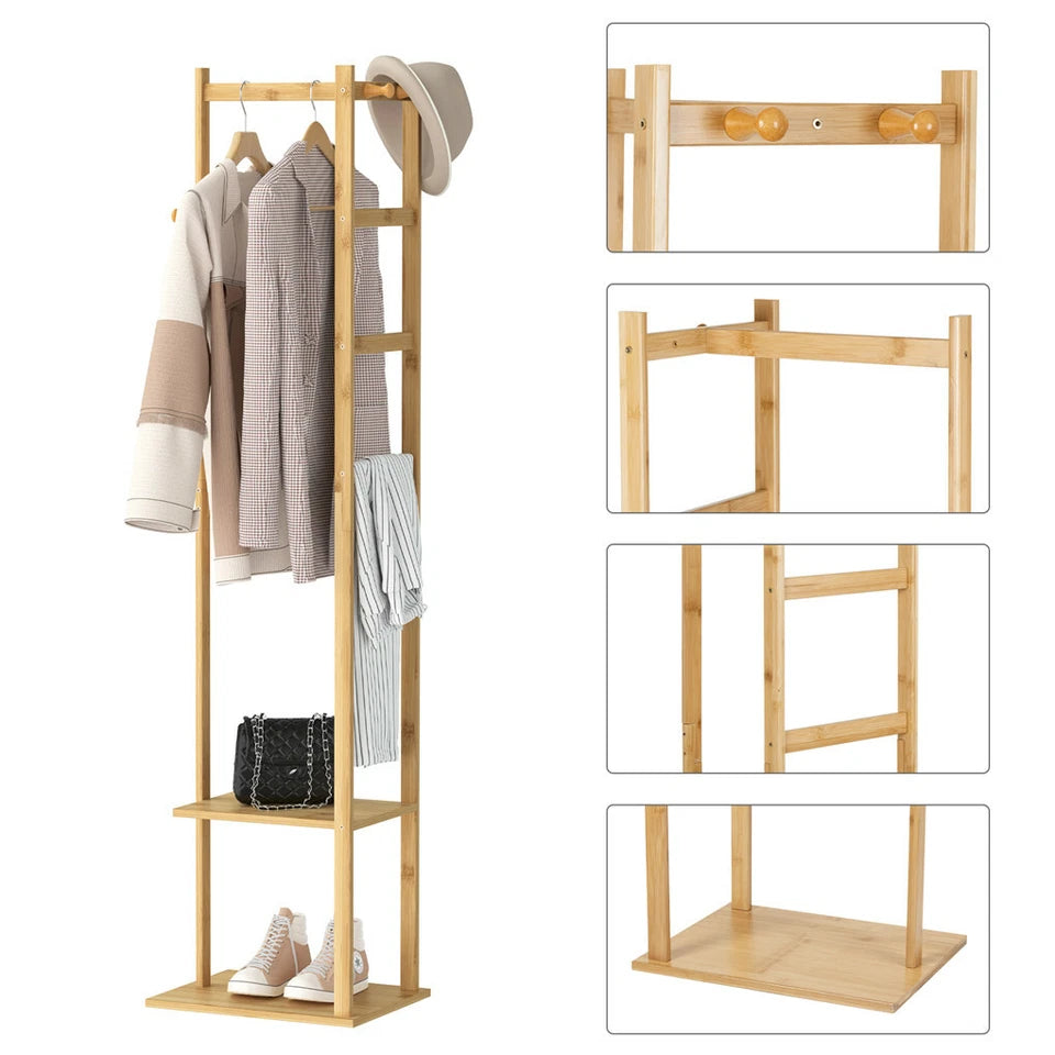 Bamboo Coat Stand Clothes Rack with Garment Shelf, Hanging Rail and Hooks V767-JJ-ZY212-G2