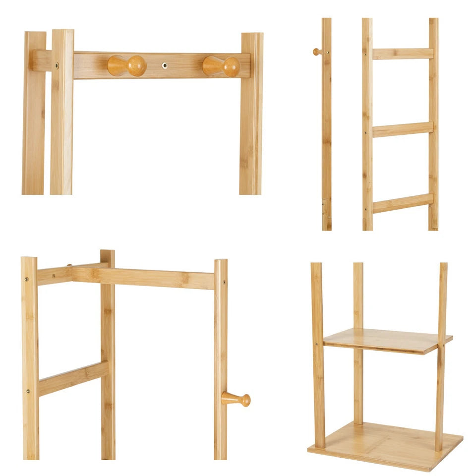 Bamboo Coat Stand Clothes Rack with Garment Shelf, Hanging Rail and Hooks V767-JJ-ZY212-G2
