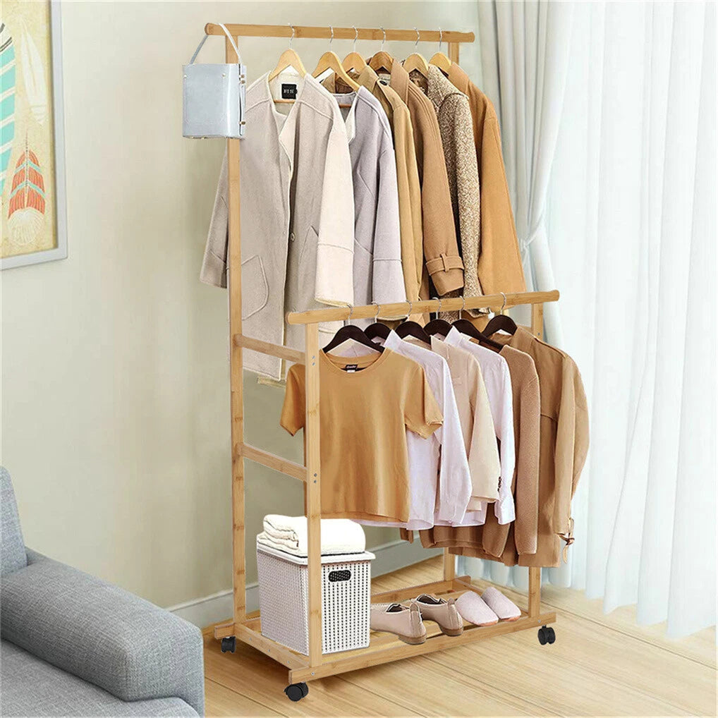Portable Rolling Bamboo Clothes Rack for Kids with Hanging Rail V767-JJ-ZY643-G1
