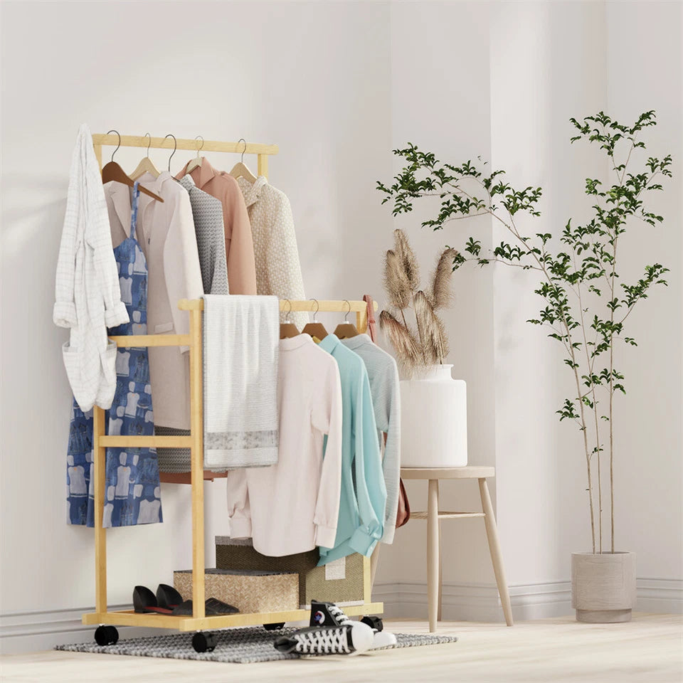 Portable Rolling Bamboo Clothes Rack for Kids with Hanging Rail V767-JJ-ZY643-G1