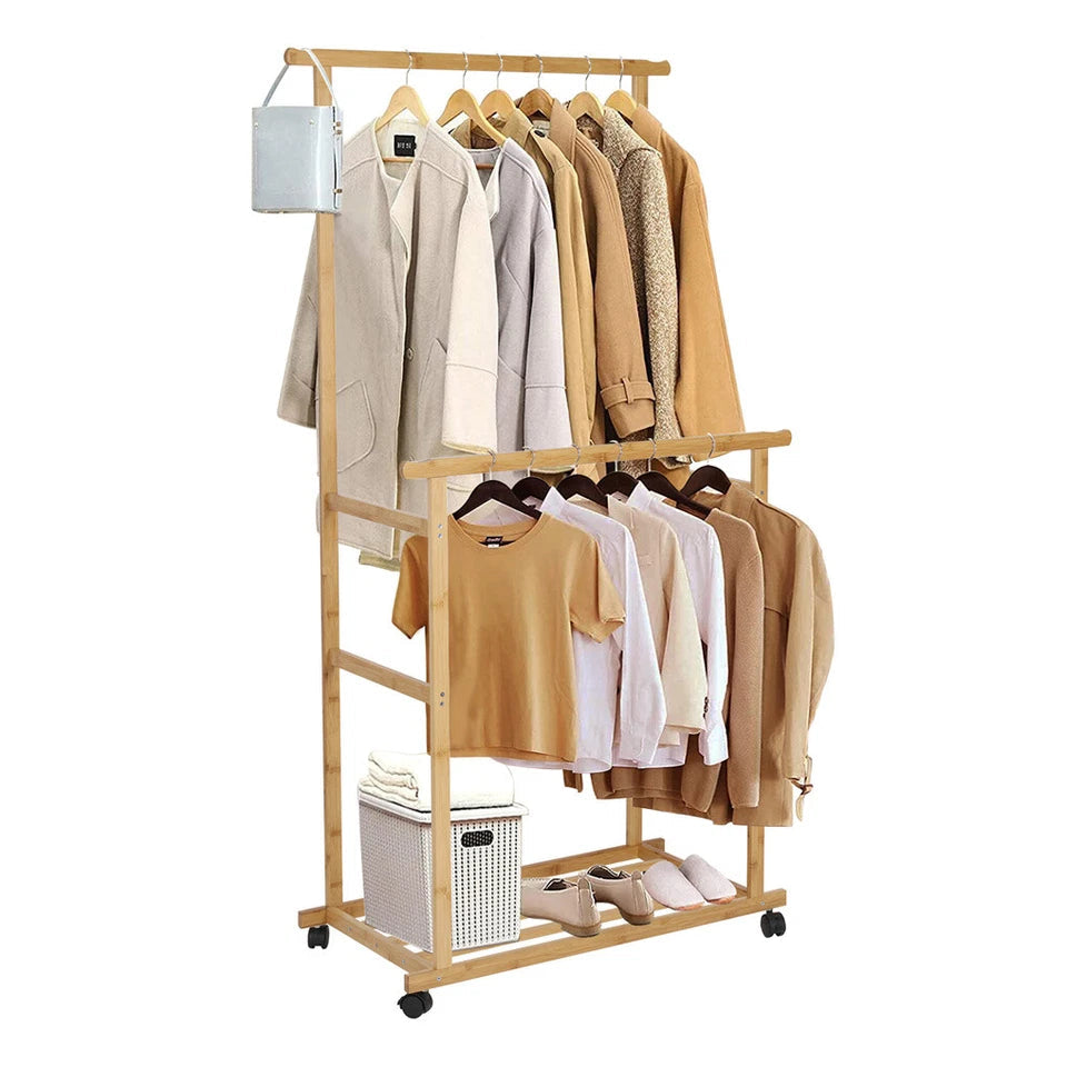 Portable Rolling Bamboo Clothes Rack for Kids with Hanging Rail V767-JJ-ZY643-G1