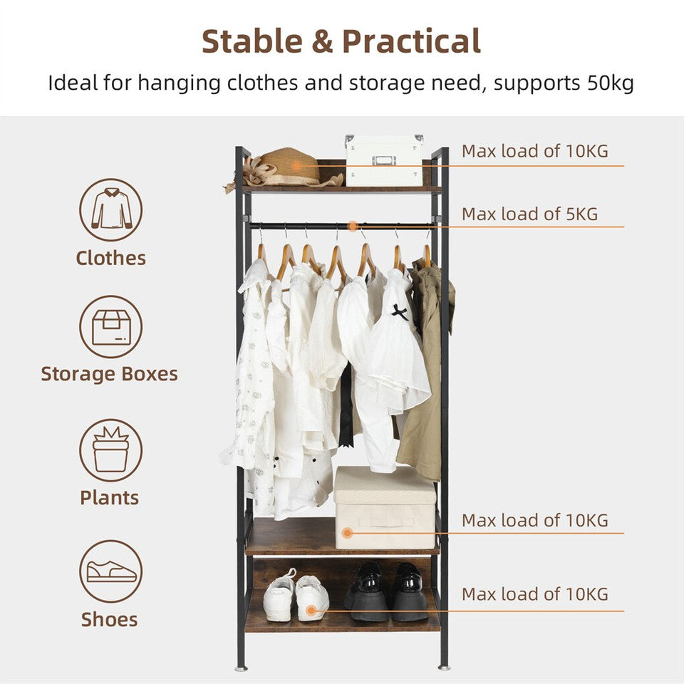 Rustic Wooden Clothes Garment Rail Open Hanging Display Shelf Shoe Rack Entryway V767-JJ-ZY728