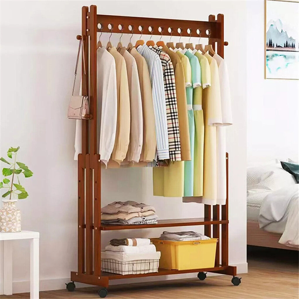 Walnut Wood Rolling Clothing Garment Rack Open Wardrobe Entryway Bedroom Shop V767-JJ-ZY791