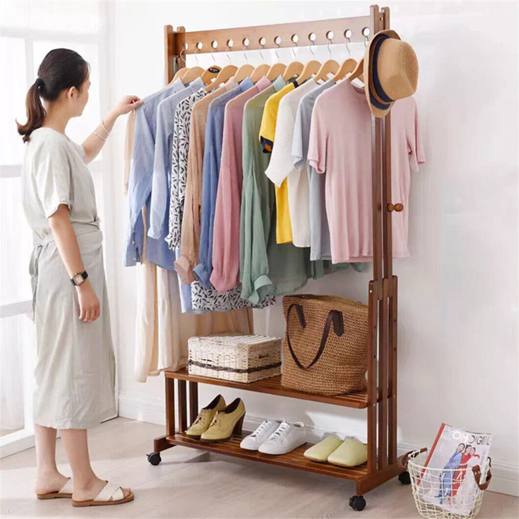 Walnut Wood Rolling Clothing Garment Rack Open Wardrobe Entryway Bedroom Shop V767-JJ-ZY791