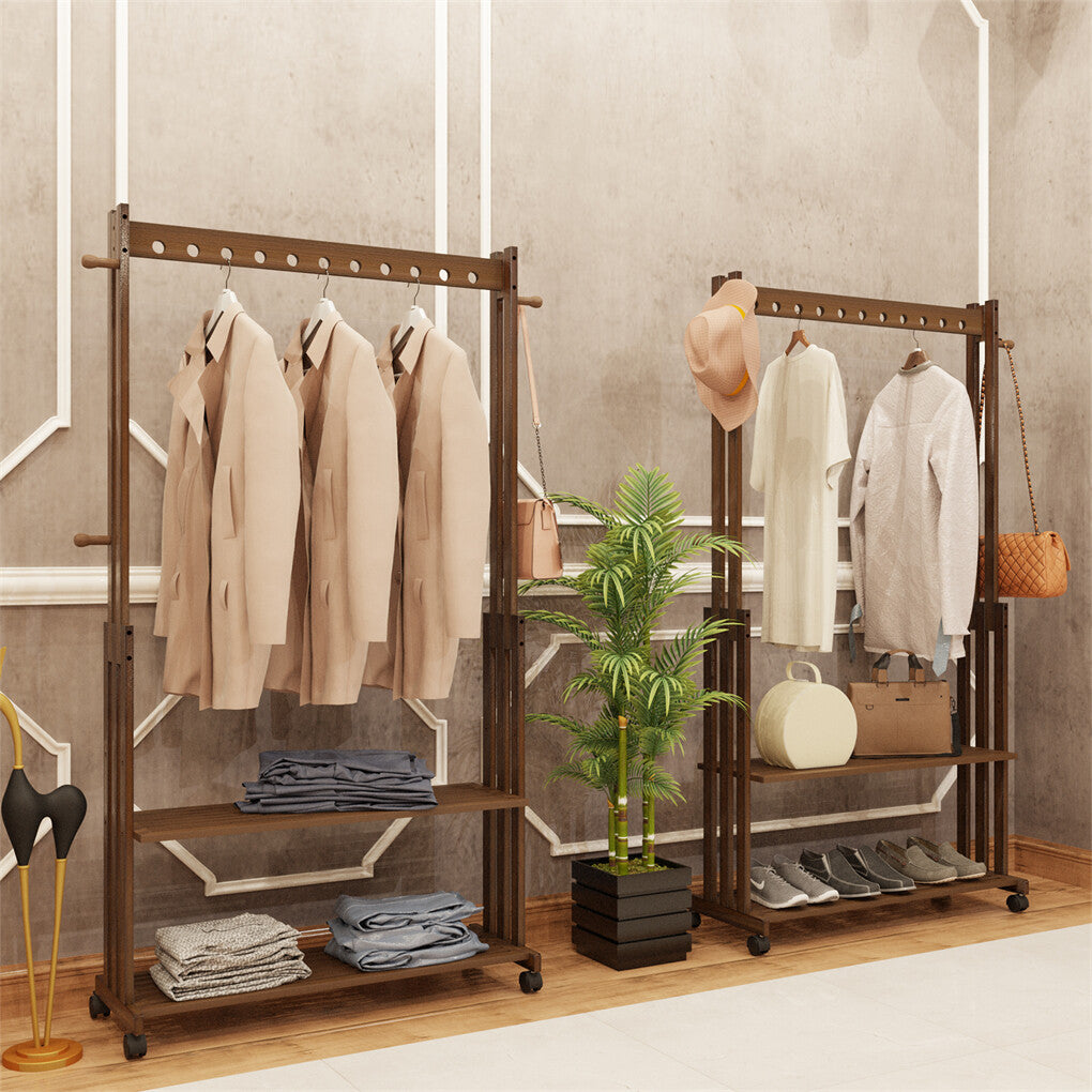 Walnut Wood Rolling Clothing Garment Rack Open Wardrobe Entryway Bedroom Shop V767-JJ-ZY791