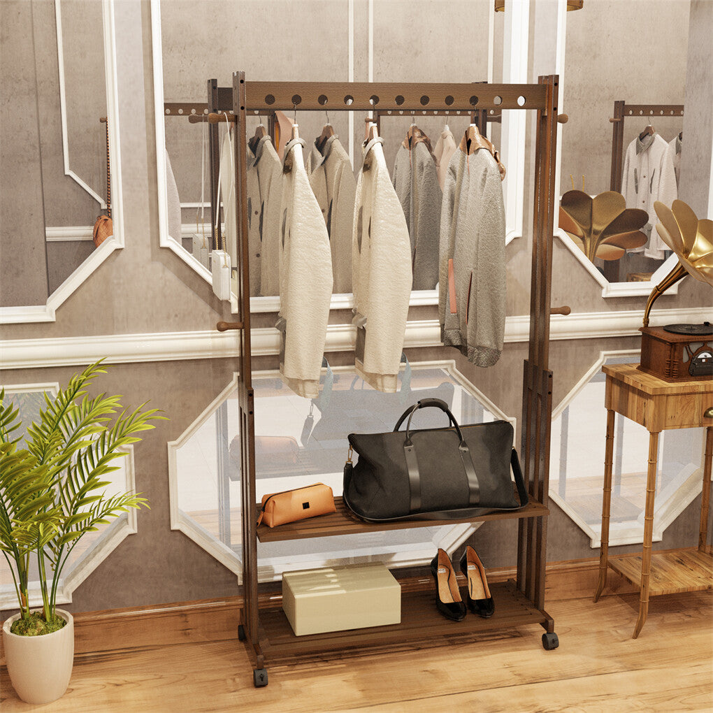 Walnut Wood Rolling Clothing Garment Rack Open Wardrobe Entryway Bedroom Shop V767-JJ-ZY791