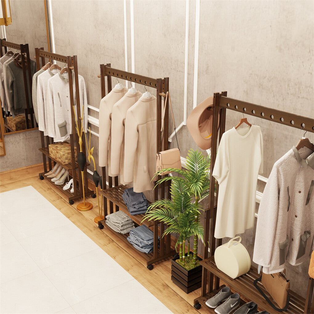 Walnut Wood Rolling Clothing Garment Rack Open Wardrobe Entryway Bedroom Shop V767-JJ-ZY791