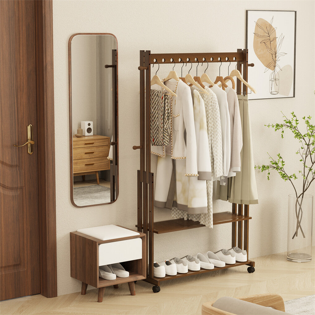 Walnut Wood Rolling Clothing Garment Rack Open Wardrobe Entryway Bedroom Shop V767-JJ-ZY791