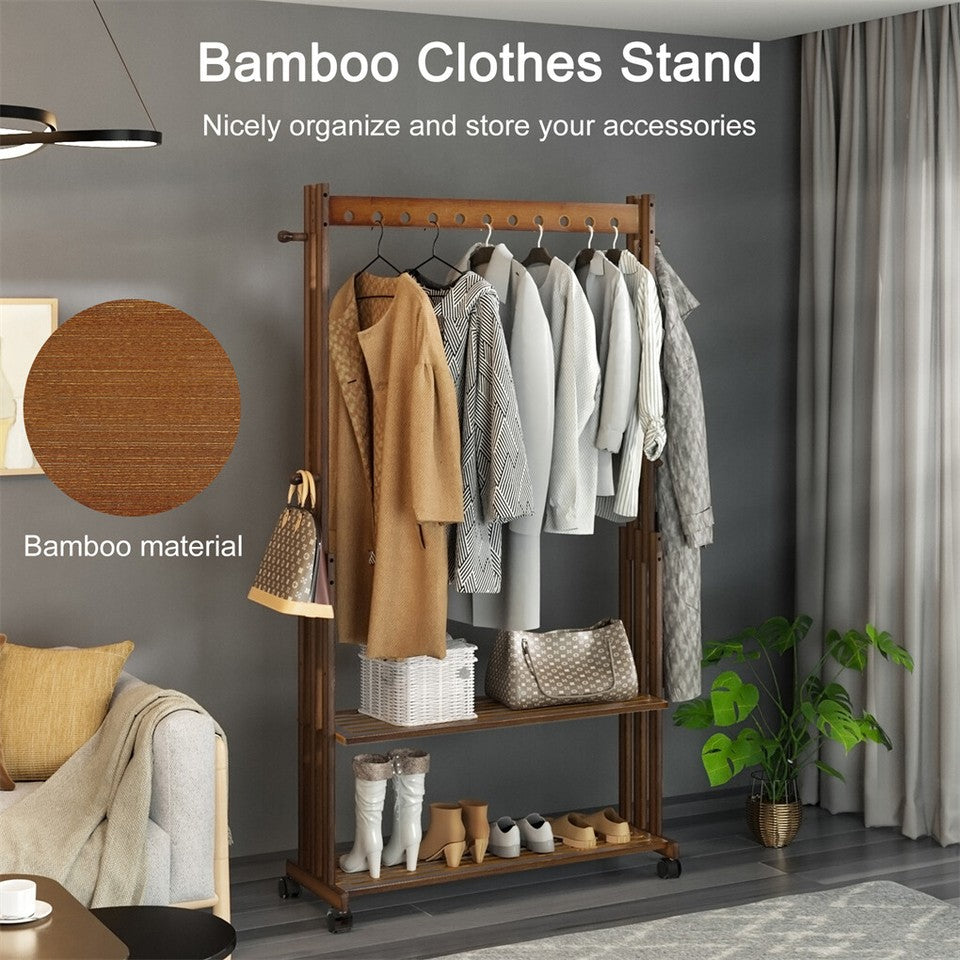 Walnut Wood Rolling Clothing Garment Rack Open Wardrobe Entryway Bedroom Shop V767-JJ-ZY791