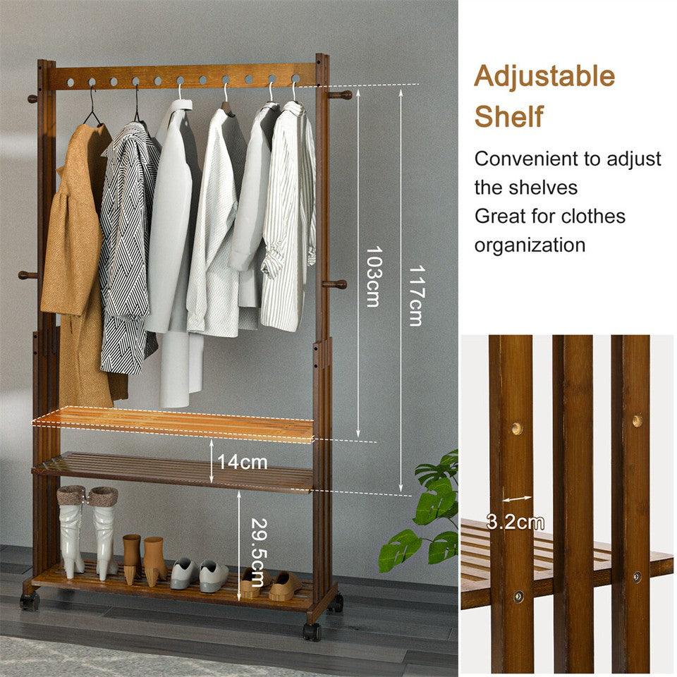 Walnut Wood Rolling Clothing Garment Rack Open Wardrobe Entryway Bedroom Shop V767-JJ-ZY791