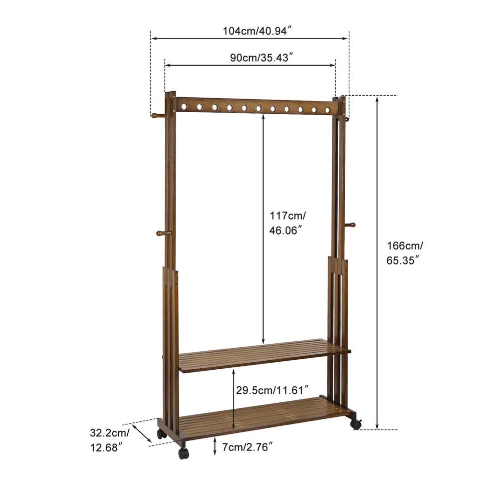 Walnut Wood Rolling Clothing Garment Rack Open Wardrobe Entryway Bedroom Shop V767-JJ-ZY791