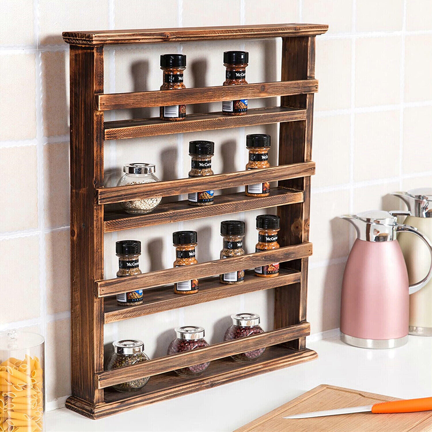 4 Tiers Rustic Wood Spice Rack Organizer Wall Mounted Kitchen Shelves Space Save V767-JJ-ZZ116