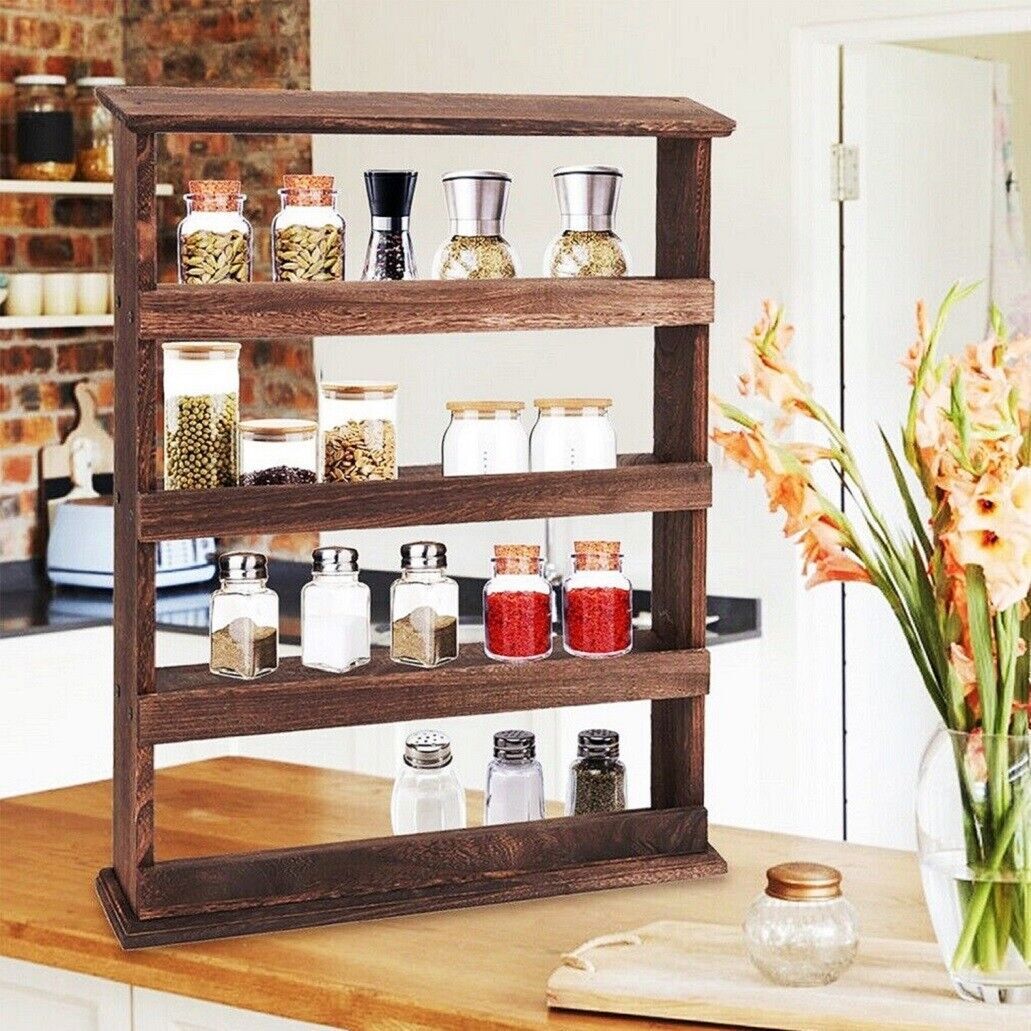4 Tiers Rustic Wood Spice Rack Organizer Wall Mounted Kitchen Shelves Space Save V767-JJ-ZZ116
