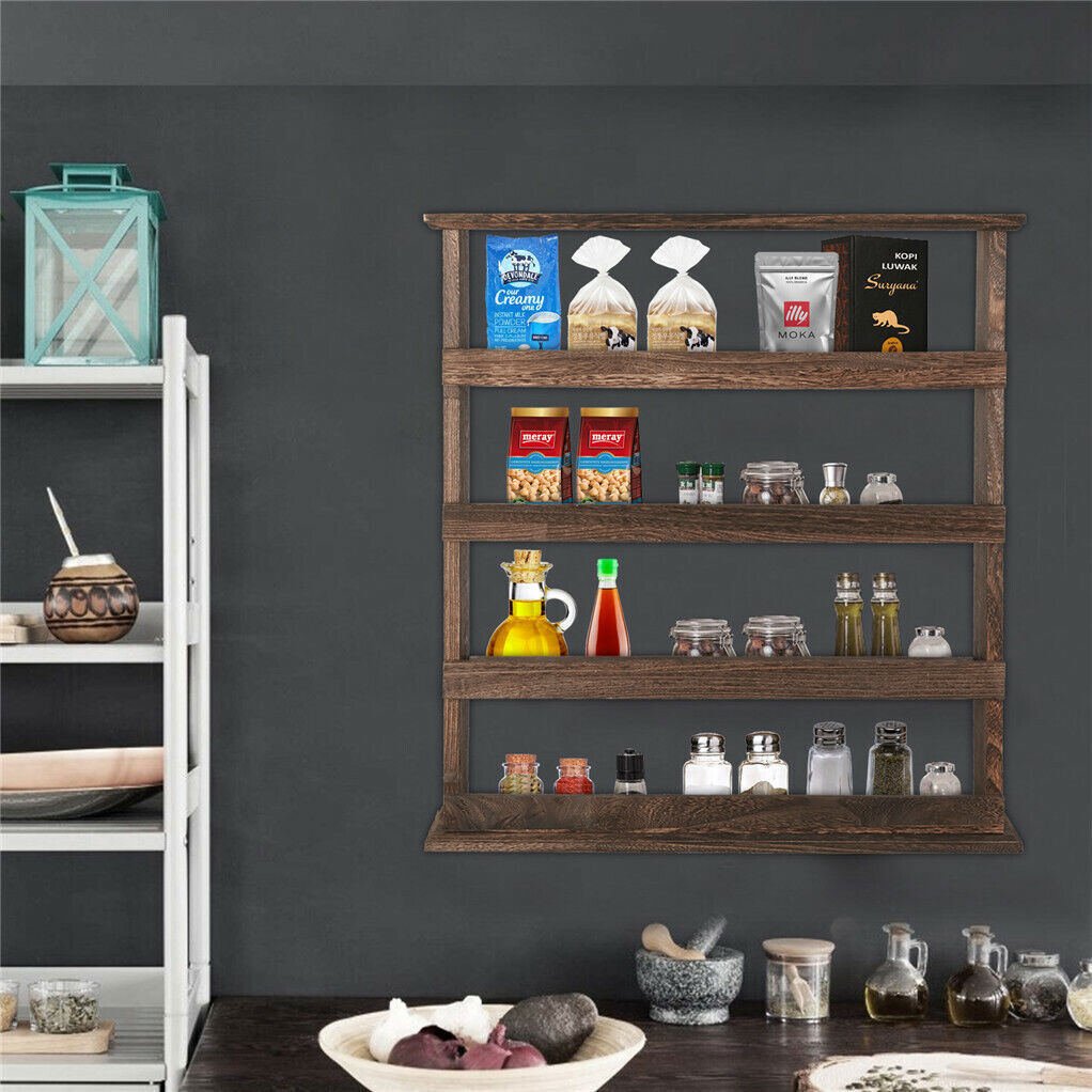 4 Tiers Rustic Wood Spice Rack Organizer Wall Mounted Kitchen Shelves Space Save V767-JJ-ZZ116