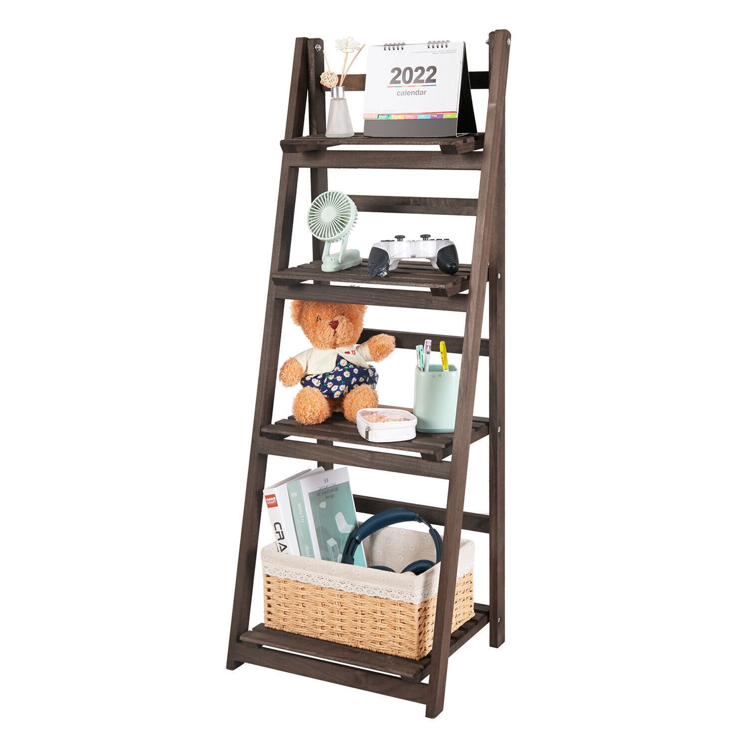 Retro 4 Tier Wooden Ladder Bookcase Folding Book Shelf Plant Stand Storage Rack V767-JJ-ZZ131